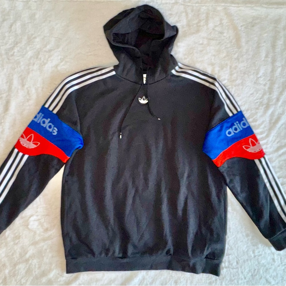 Adidas Black Hoodie with Blue and Red Accents